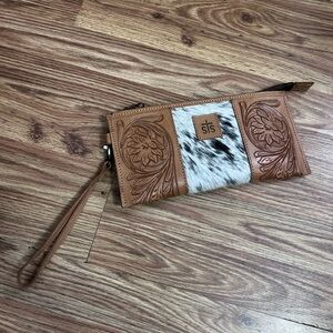 STS Ranch Tooled Leather & Hair-on Hide Wristlet Clutch - Tan